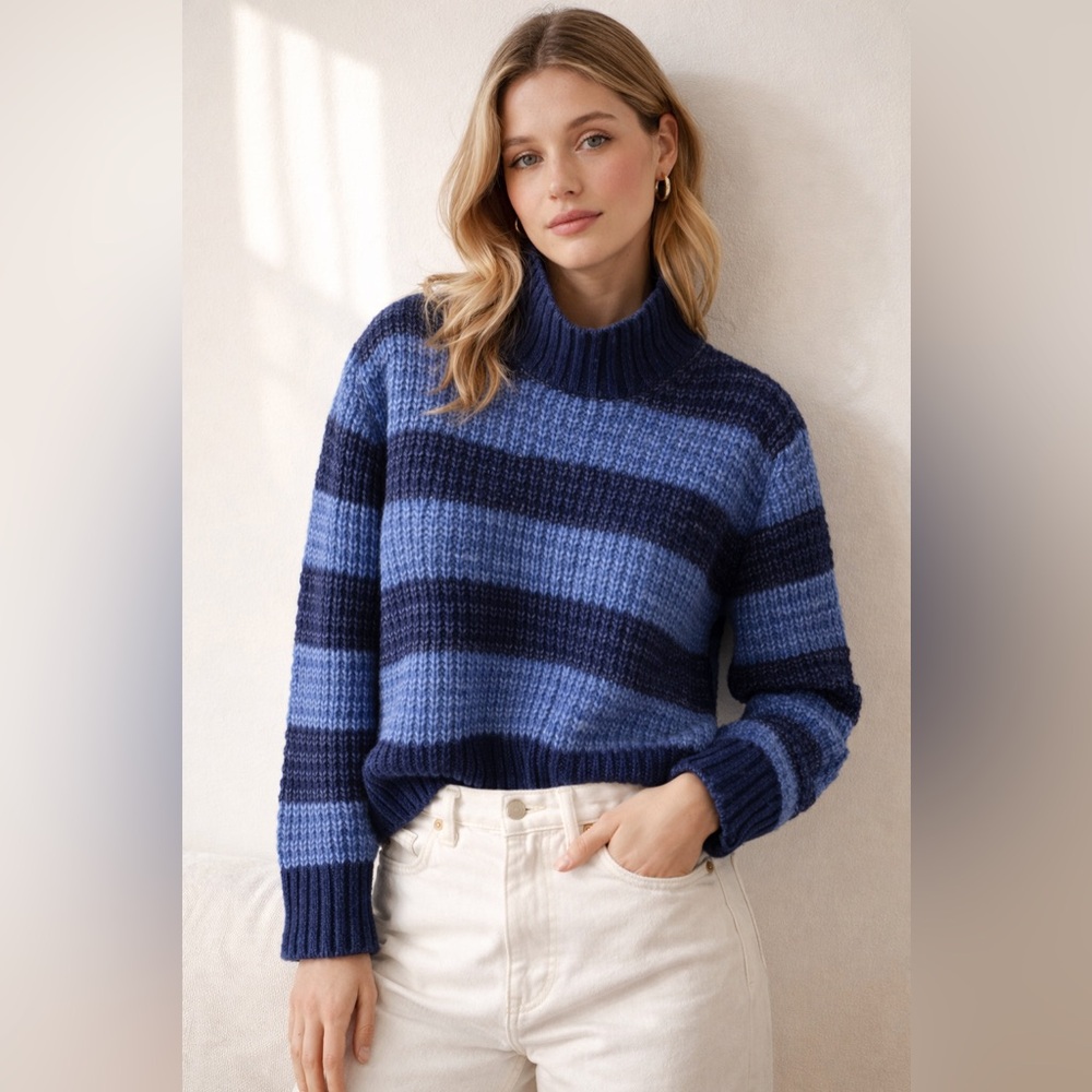 Striped Blue Ribbed Turtleneck Merino Wool Sweater